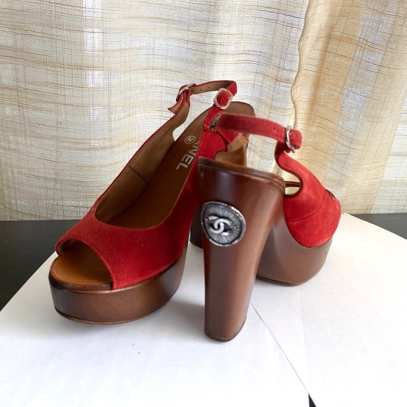 Chanel red suede strap clogs ankle strap brown platforms size 36.5 ankle strap - Picture 1 of 10
